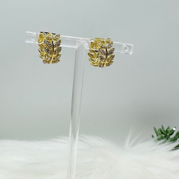 Zircon Olive Branch Leaf Small Hoop Earrings - Gold & Rose Gold Set - Picture 7 of 7